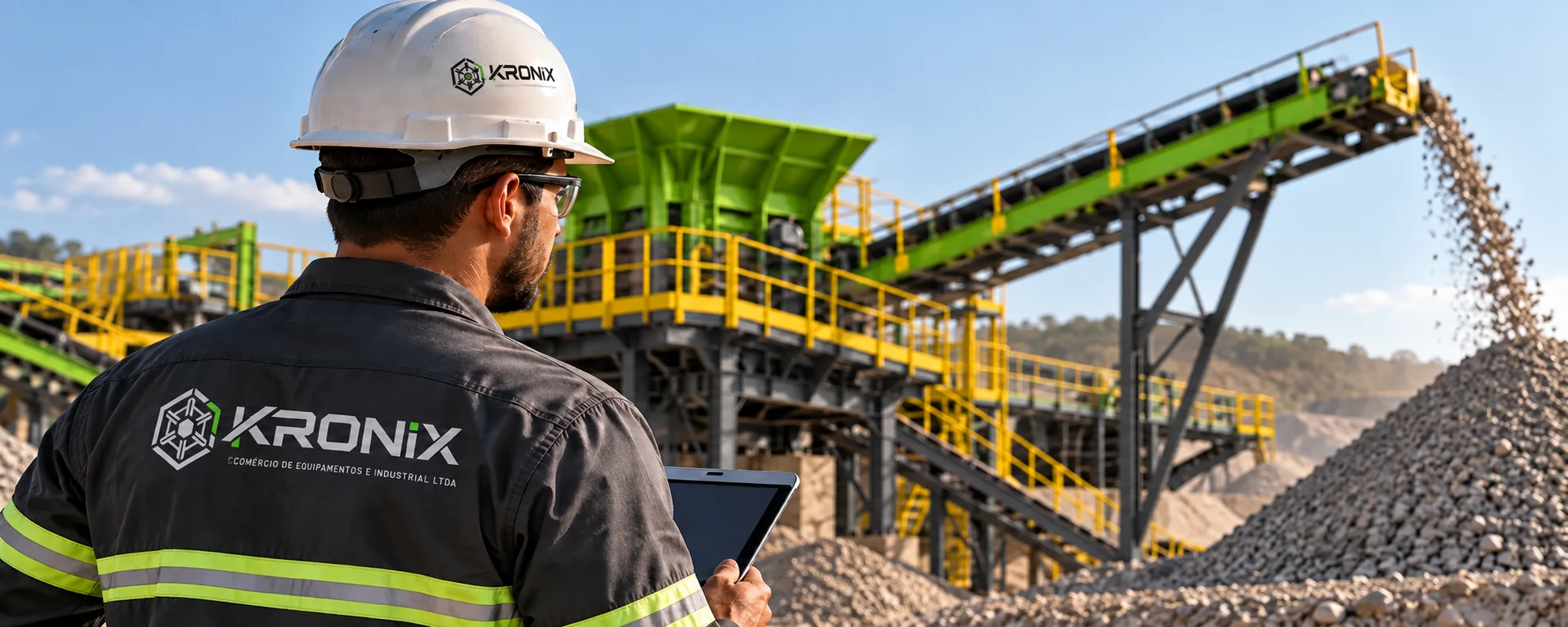 Técnico da Kronix acompanhando uma planta de britagem em operação