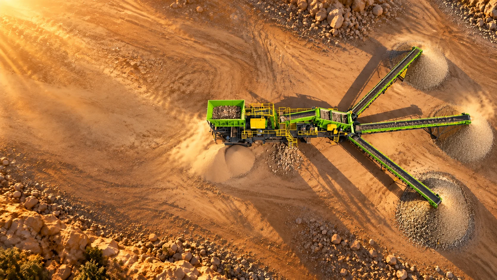 Planta móvel de britagem e triagem em operação, vista de cima, com três transportadores formando pilhas